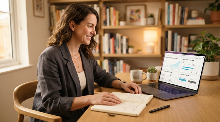 Blogger reviewing lead magnet email growth results on laptop with checklist notebook beside them in modern workspace