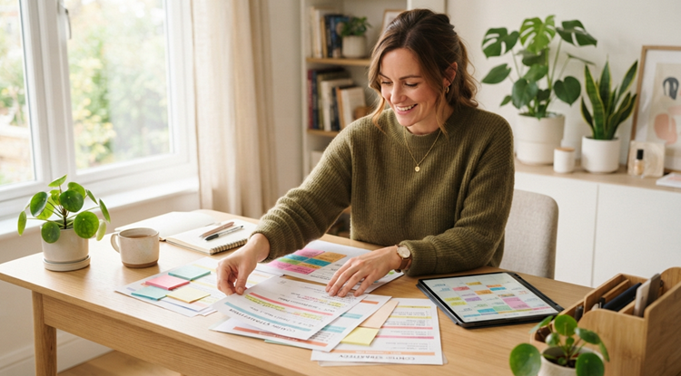 Person organizing printable content calendar templates and planning sheets at a bright, tidy desk