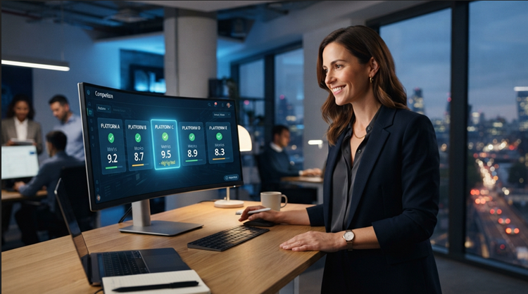 Professional reviewing AI lead generation tool comparison dashboard to choose the best platform for their business strategy