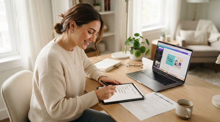 Woman creating a checklist lead magnet at a bright desk with tablet, printed cheat sheet, and open laptop nearby