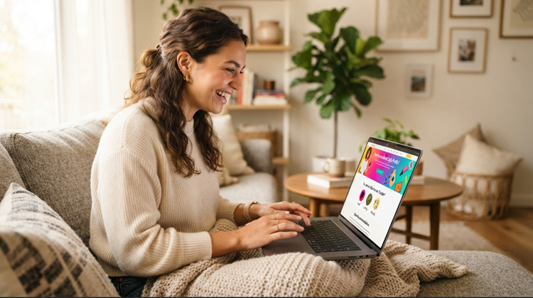 Woman viewing personalized quiz results on laptop while relaxing in a bright, cozy living room